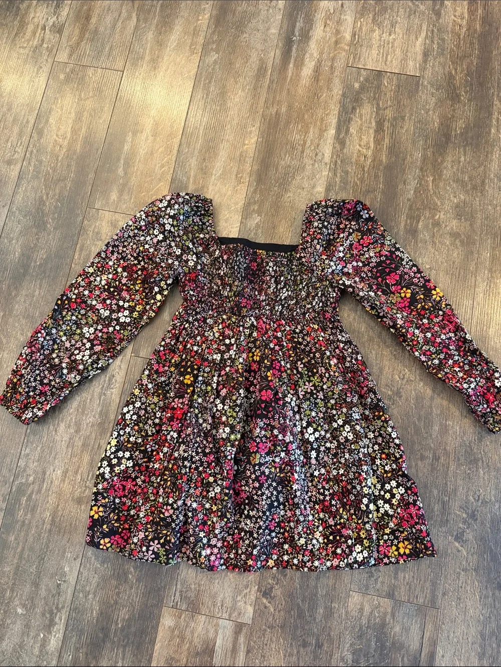 GAP Black Floral Long-Sleeve Smocked Dress